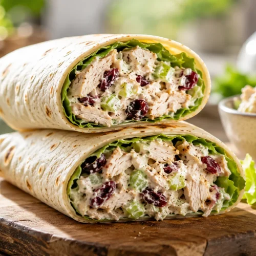 Two halves of a creamy chicken salad wrap with shredded chicken, cranberries, and lettuce on a wooden board.