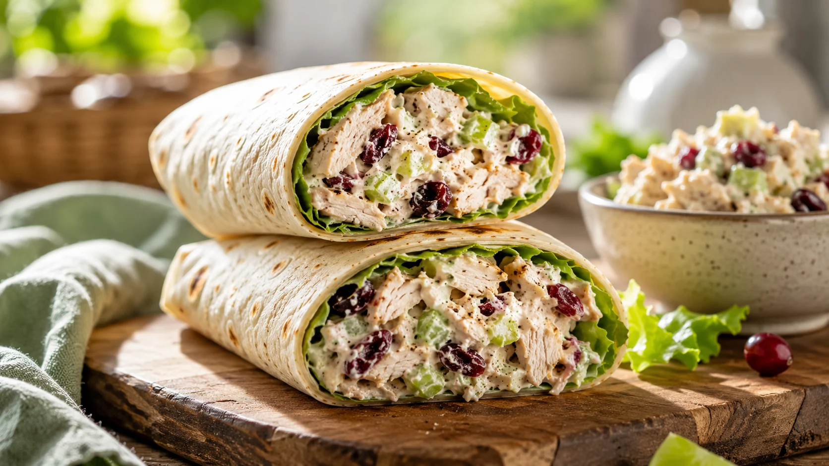 Two halves of a creamy chicken salad wrap with shredded chicken, cranberries, and lettuce on a wooden board.