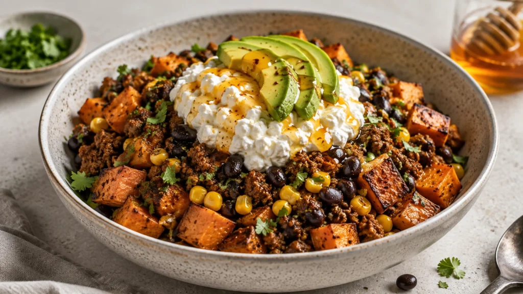 A colorful food bowl featuring roasted sweet potatoes, seasoned ground beef, black beans, corn, avocado, and cottage cheese with a honey drizzle.