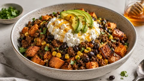 A colorful food bowl featuring roasted sweet potatoes, seasoned ground beef, black beans, corn, avocado, and cottage cheese with a honey drizzle.