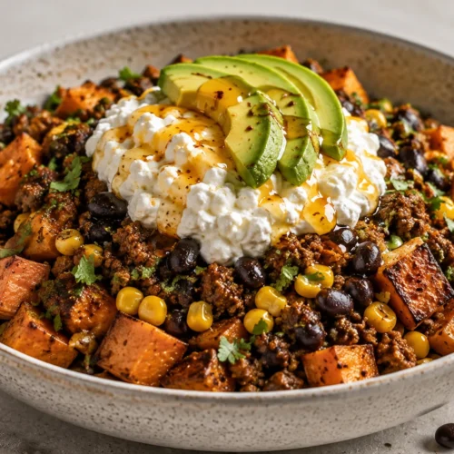 A colorful food bowl featuring roasted sweet potatoes, seasoned ground beef, black beans, corn, avocado, and cottage cheese with a honey drizzle.