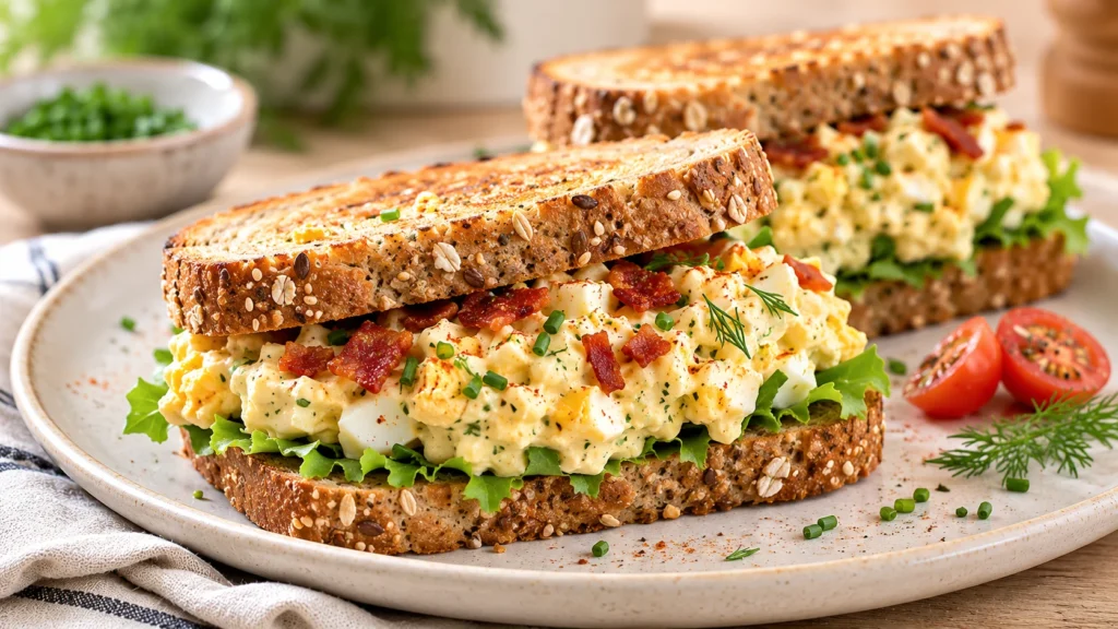 A close-up of a high protein egg salad sandwich made with blended cottage cheese and fresh herbs on sprouted grain bread.