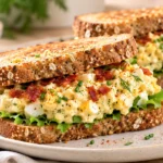 A close-up of a high protein egg salad sandwich made with blended cottage cheese and fresh herbs on sprouted grain bread.