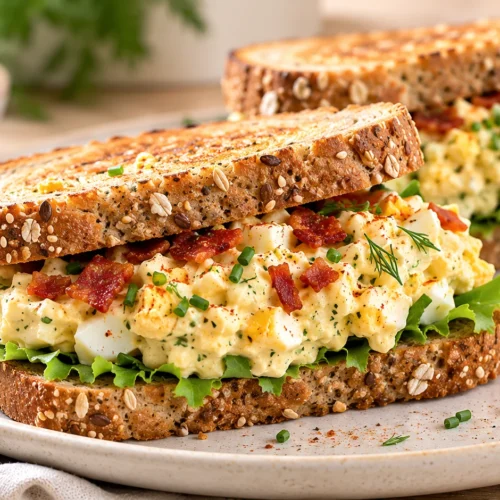 A close-up of a high protein egg salad sandwich made with blended cottage cheese and fresh herbs on sprouted grain bread.