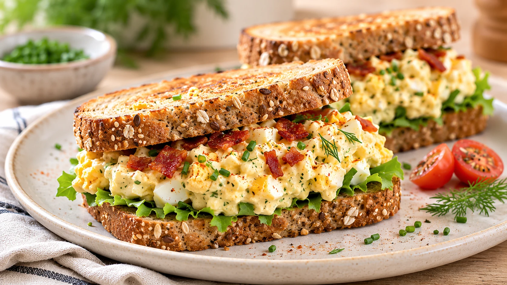 A close-up of a high protein egg salad sandwich made with blended cottage cheese and fresh herbs on sprouted grain bread.