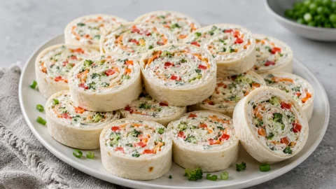 A close-up shot of several colorful veggie pinwheels featuring cream cheese, ranch seasoning, and fresh vegetables rolled in flour tortillas.