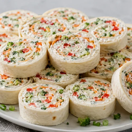 A close-up shot of several colorful veggie pinwheels featuring cream cheese, ranch seasoning, and fresh vegetables rolled in flour tortillas.
