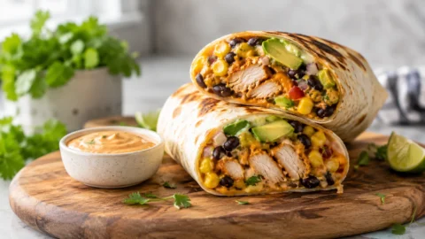 A close-up of a Southwest Chicken Wrap cut in half, showing layers of seasoned chicken, black beans, corn, and avocado.