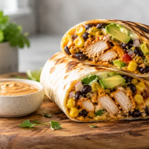 A close-up of a Southwest Chicken Wrap cut in half, showing layers of seasoned chicken, black beans, corn, and avocado.