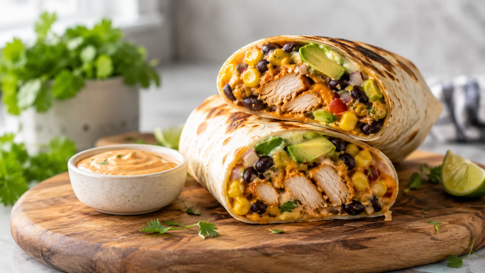 A close-up of a Southwest Chicken Wrap cut in half, showing layers of seasoned chicken, black beans, corn, and avocado.