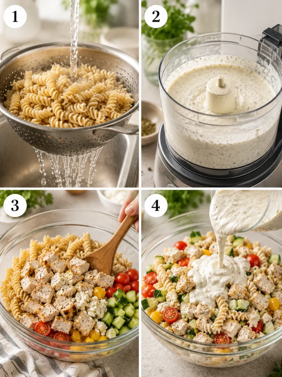 A four-step grid showing the process of cooking pasta, blending dressing, mixing ingredients, and adding the final dressing.