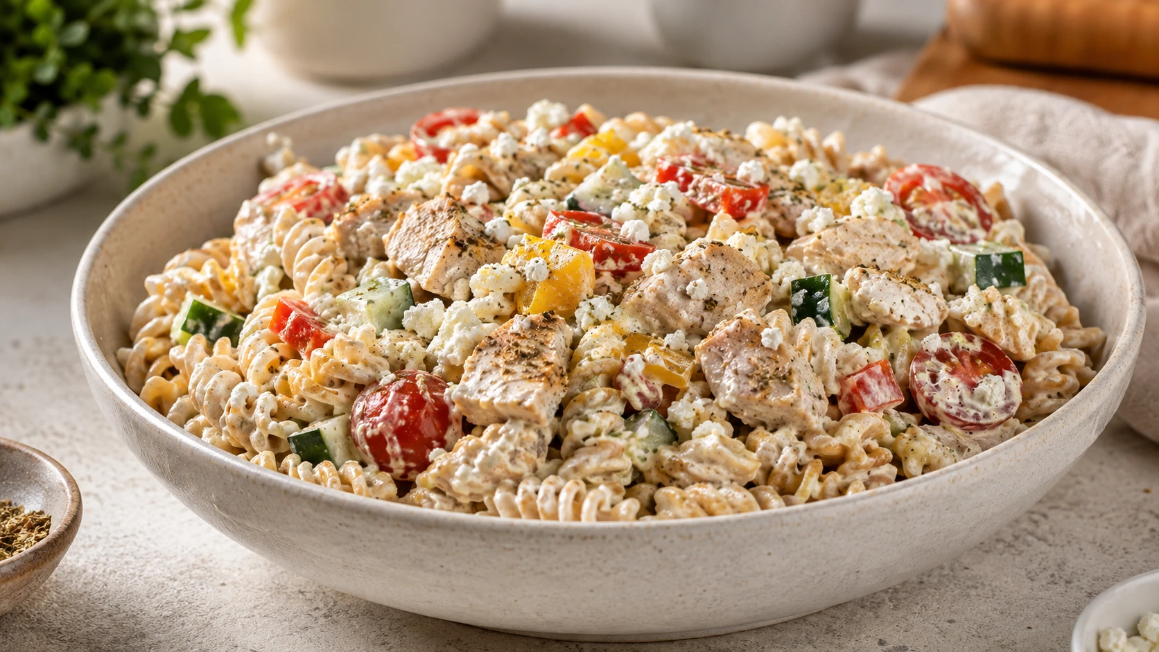 A vibrant high protein pasta salad with chickpea pasta, chicken, and fresh vegetables in a creamy dressing, served in a white bowl.