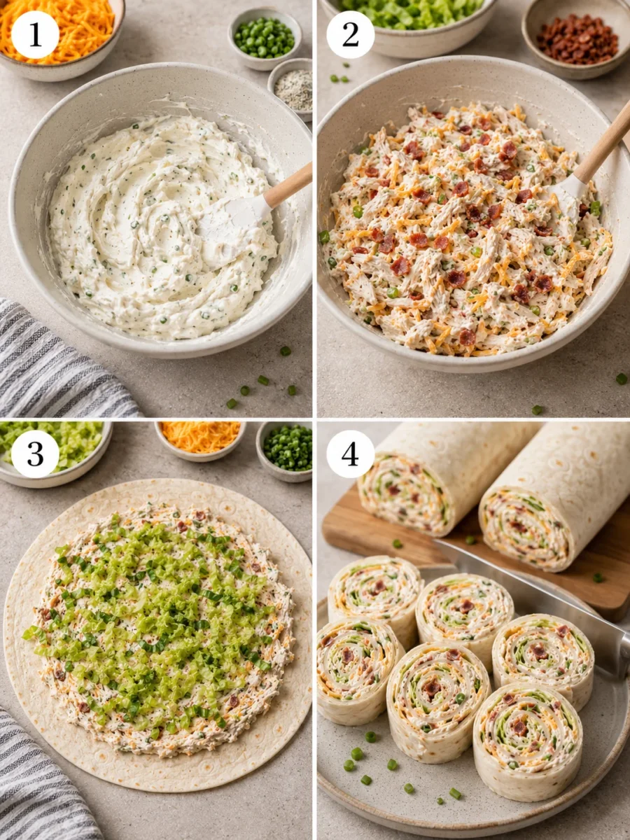 A flat-lay view of shredded chicken, cream cheese, cheddar, turkey bacon, green onions, and tortillas in bowls.