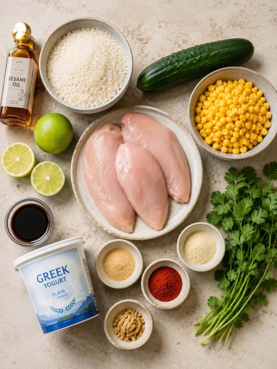 Flat-lay view of raw chicken, jasmine rice, spices, lime, soy sauce, cucumber, corn, and cilantro on a stone surface.