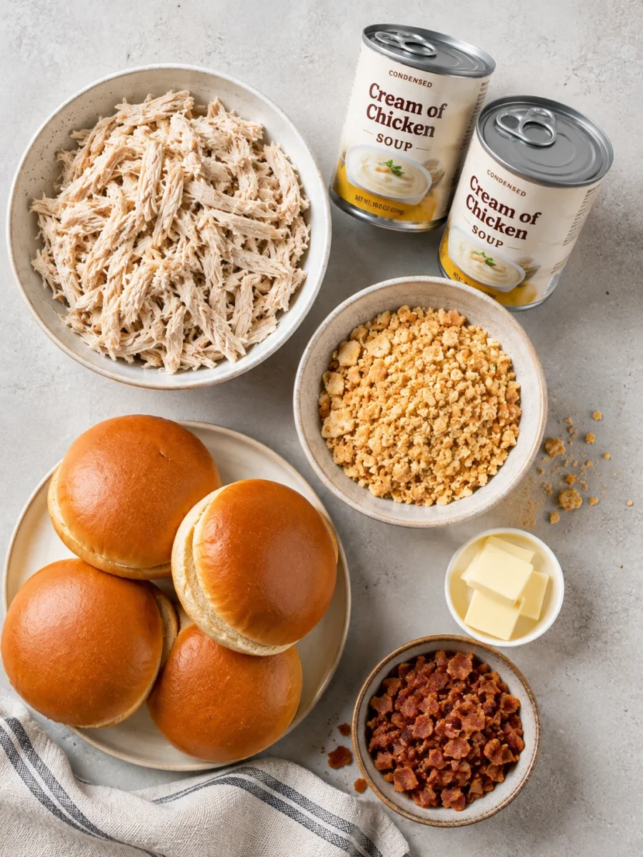 Flat-lay arrangement of shredded chicken, cream of chicken soup, crushed crackers, and sandwich buns.