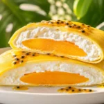 A cross-section of a bright yellow mango pancake filled with thick whipped cream and a fresh mango slice, drizzled with passionfruit.