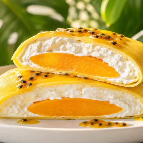A cross-section of a bright yellow mango pancake filled with thick whipped cream and a fresh mango slice, drizzled with passionfruit.