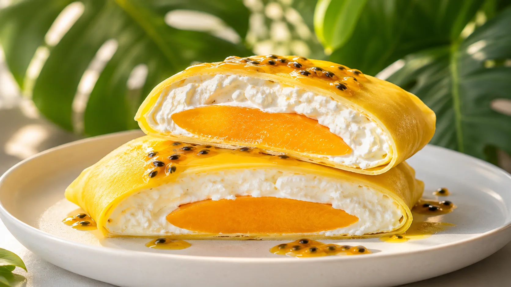 A cross-section of a bright yellow mango pancake filled with thick whipped cream and a fresh mango slice, drizzled with passionfruit.