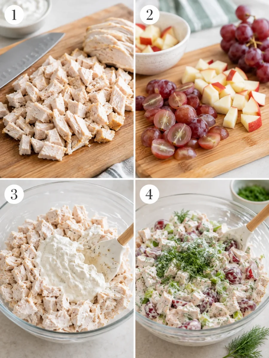 A four-panel collage showing the steps to make chicken salad: prepping meat, slicing fruit, mixing dressing, and folding in herbs.