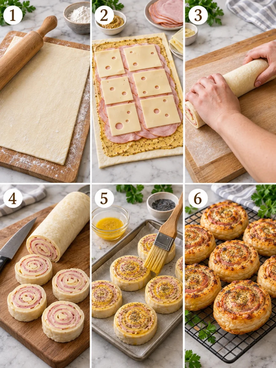 Ham and Cheese Pinwheels : A six-panel collage showing the process of making pinwheels from rolling dough to the final baked result.