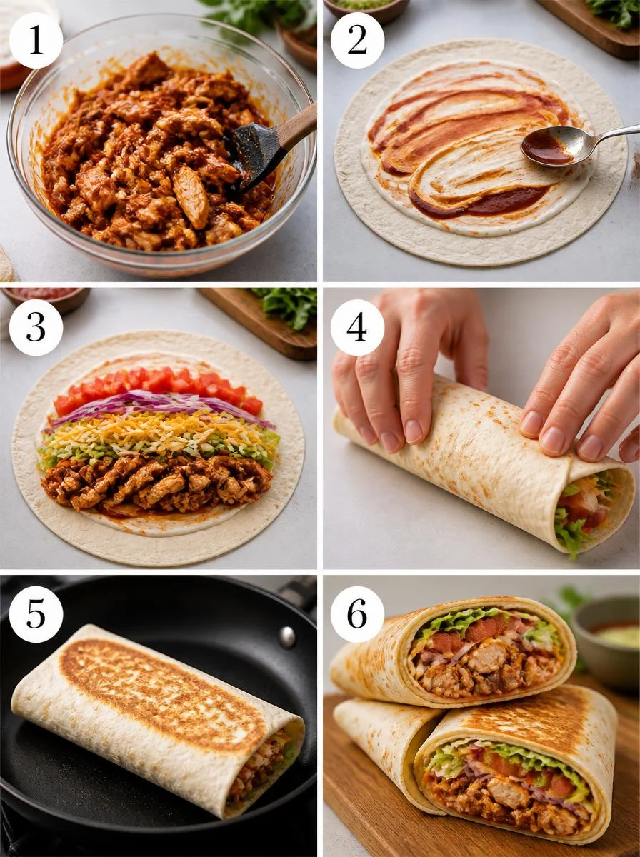 A 6-panel grid showing the steps from mixing ingredients to the final sliced BBQ chicken wrap.