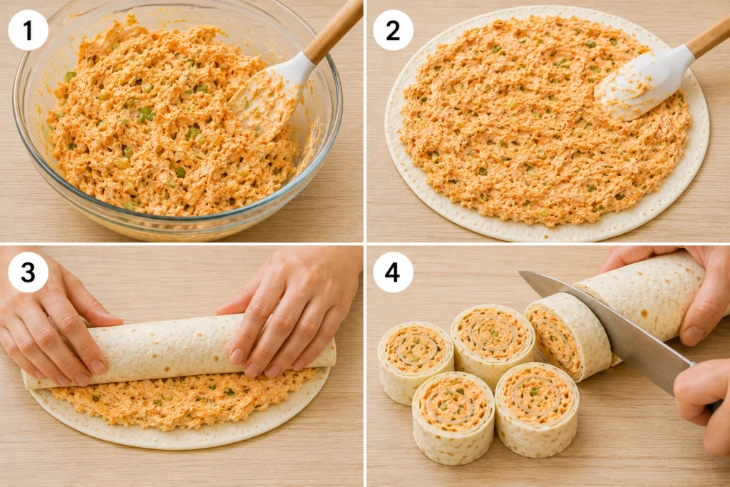 A four-step grid showing the process of mixing, spreading, rolling, and slicing buffalo chicken pinwheels.