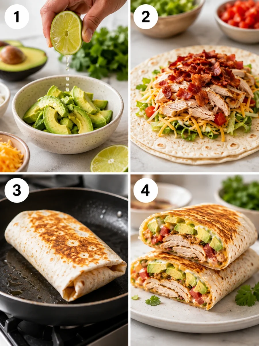 A four-panel grid showing the steps of making a chicken avocado wrap, from prepping ingredients to toasting and slicing.
