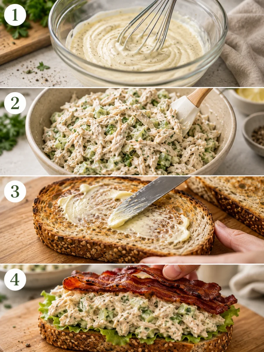 A four-step visual guide showing the preparation and assembly of a chicken mayo sandwich.