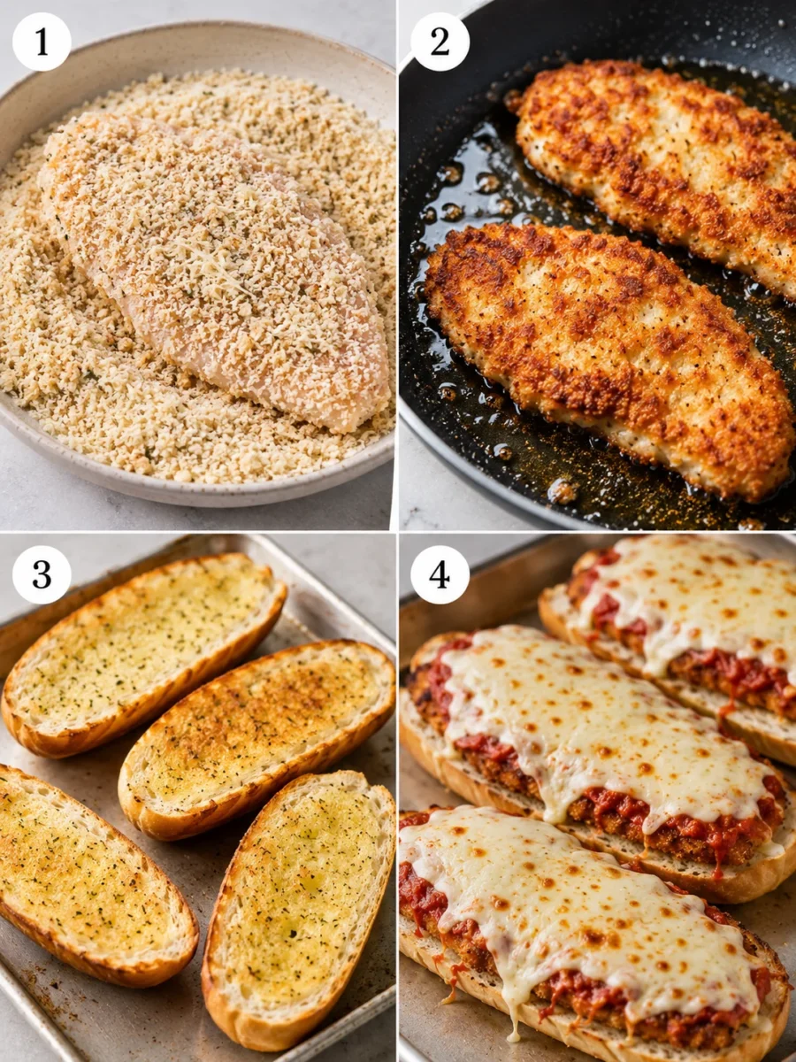 A 4-step grid showing the process of dredging, frying, toasting, and melting cheese for a chicken parm sandwich.