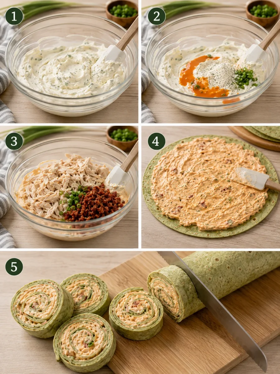 A five-step process collage showing how to make, fill, roll, and slice chicken pinwheels.