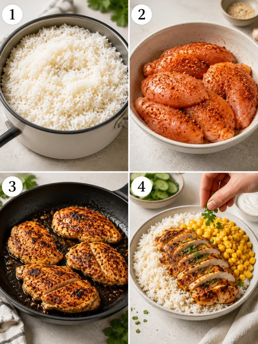 A four-panel collage showing rice cooking, chicken seasoning, searing, and bowl assembly.