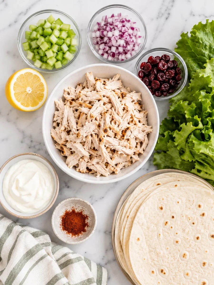 A six-panel grid showing the sequential steps of making a chicken salad wrap from mixing to rolling.