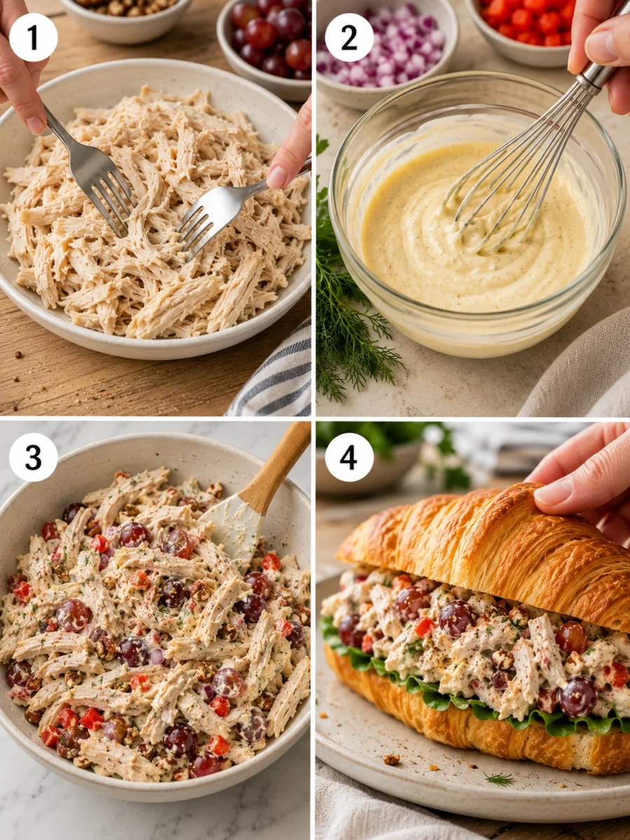 A 4-step grid showing the process of shredding chicken, whisking dressing, mixing ingredients, and assembling a croissant sandwich.