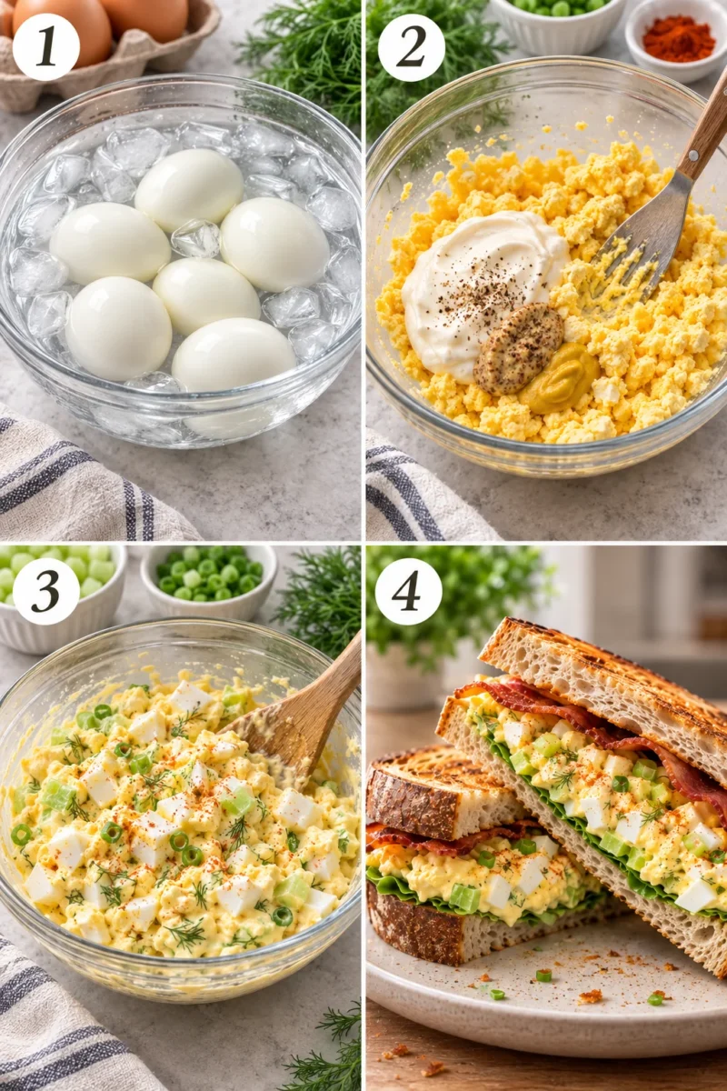 A four-panel collage showing the steps: ice bath, mixing yolks, folding ingredients, and sandwich assembly.