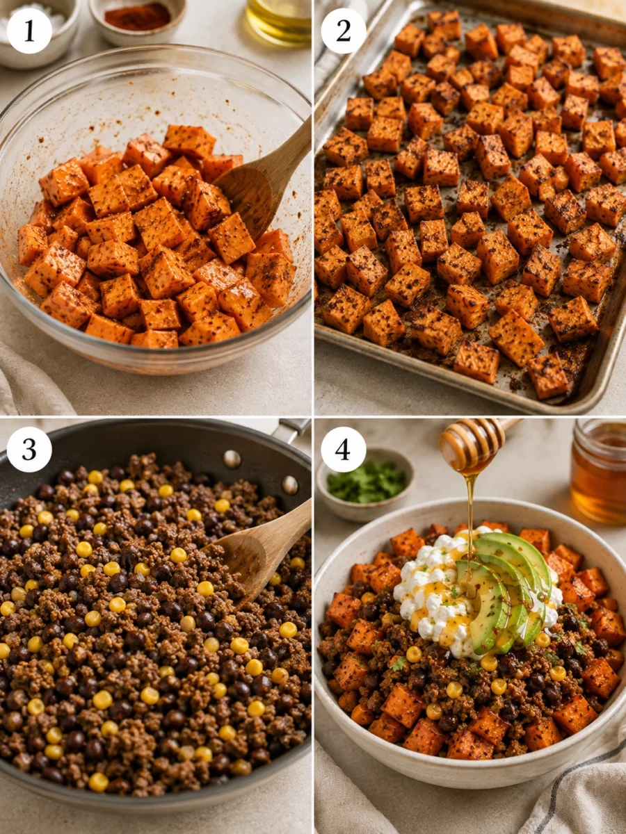 A 4-panel collage showing the process of making a beef and sweet potato bowl, from seasoning to final assembly.