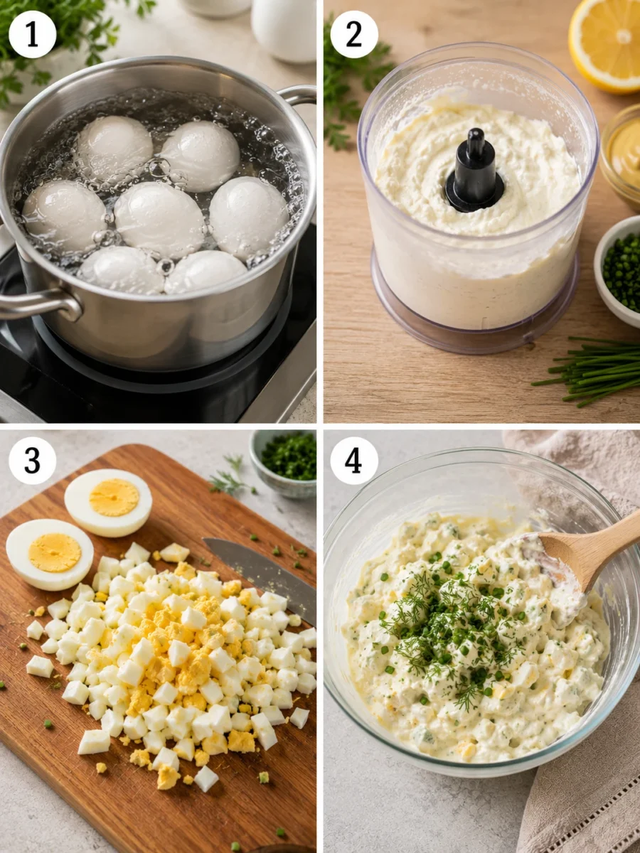A four-panel grid showing the steps to make egg salad: boiling, blending, chopping, and mixing.