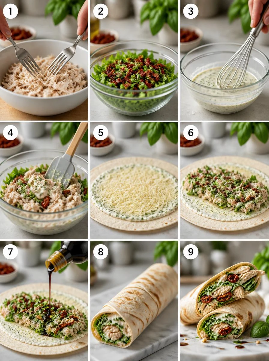 A 9-panel grid showing the step-by-step process of preparing an Italian chicken wrap from shredding chicken to the final slice.