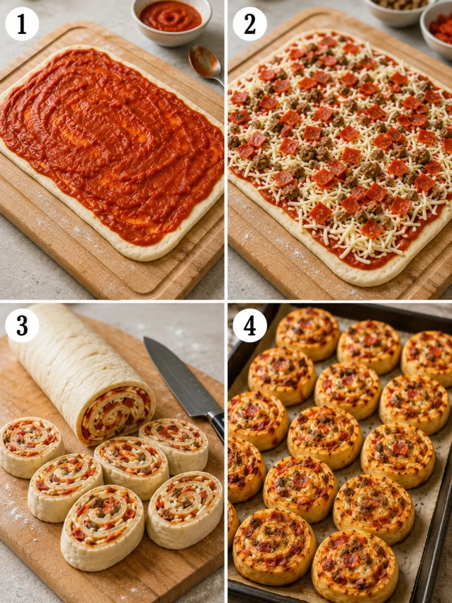 Four-panel collage showing saucing, topping, slicing, and baking pizza pinwheels.