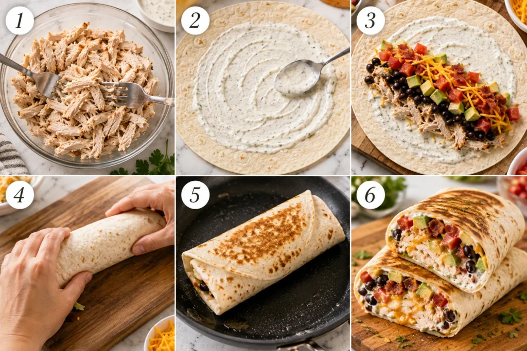 A 6-panel grid showing the step-by-step process of making a ranch chicken wrap, from shredding chicken to slicing the final product.