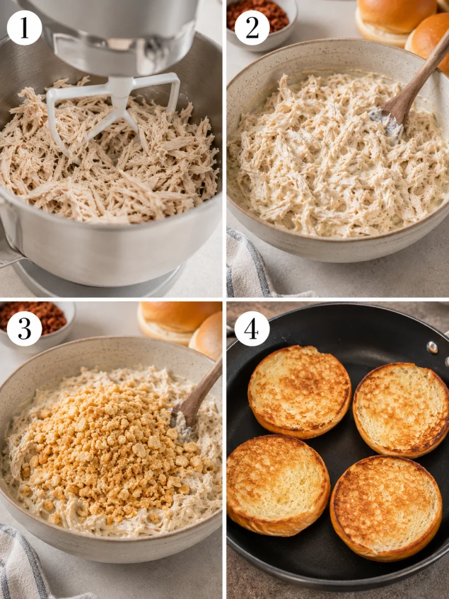 A four-panel grid showing the process of shredding chicken, mixing with soup, adding crackers, and toasting buns.