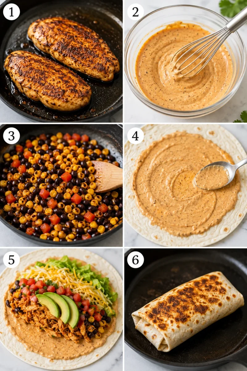 A six-step visual guide showing the process of making a Southwest Chicken Wrap from cooking chicken to the final sear.