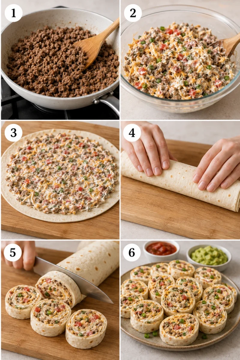 A grid showing six steps of making taco pinwheels, from cooking meat to the final plated dish.