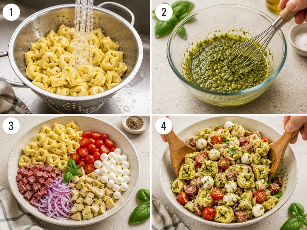 A 4-step collage showing how to make tortellini salad, from boiling pasta to final tossing.