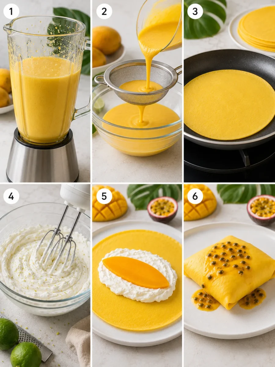 Tropical Mango Pancakes A collage of 6 images showing the steps from blending batter to the finished mango pancake pillow, numbered 1 to 6.