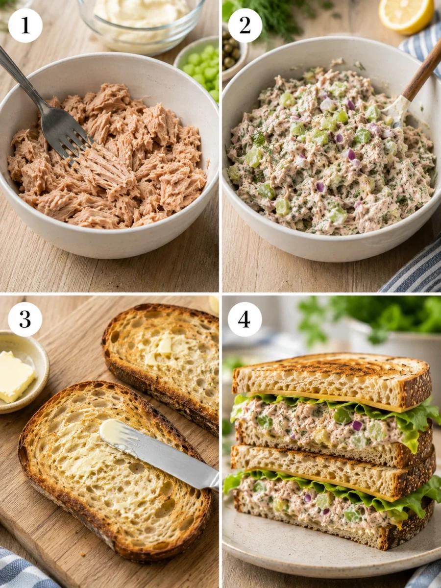 Tuna Salad Sandwich Four-panel grid showing the steps to make a tuna sandwich: flaking tuna, mixing ingredients, toasting bread, and final assembly.