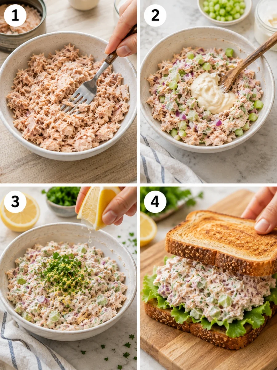 A four-panel grid showing the steps: flaking tuna, mixing ingredients, adding herbs, and assembling the sandwich.