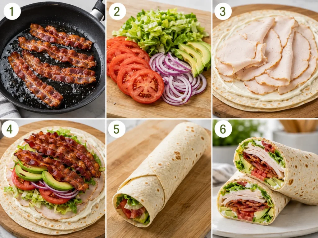 A 6-panel grid showing the step-by-step process of making a Turkey Club Wrap, with numbered steps.