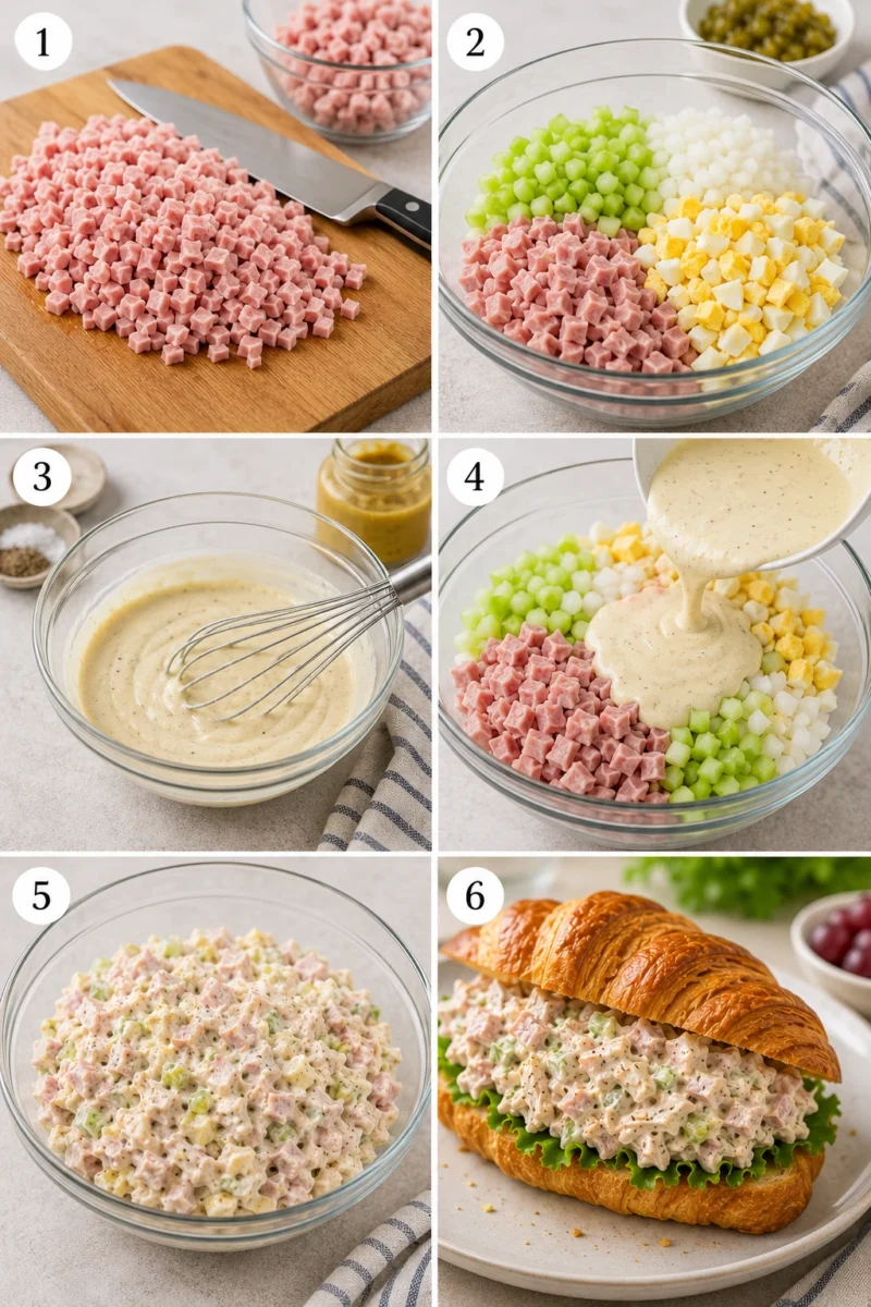 A collage showing the 6 steps of making turkey ham salad from mincing the meat to final assembly.
