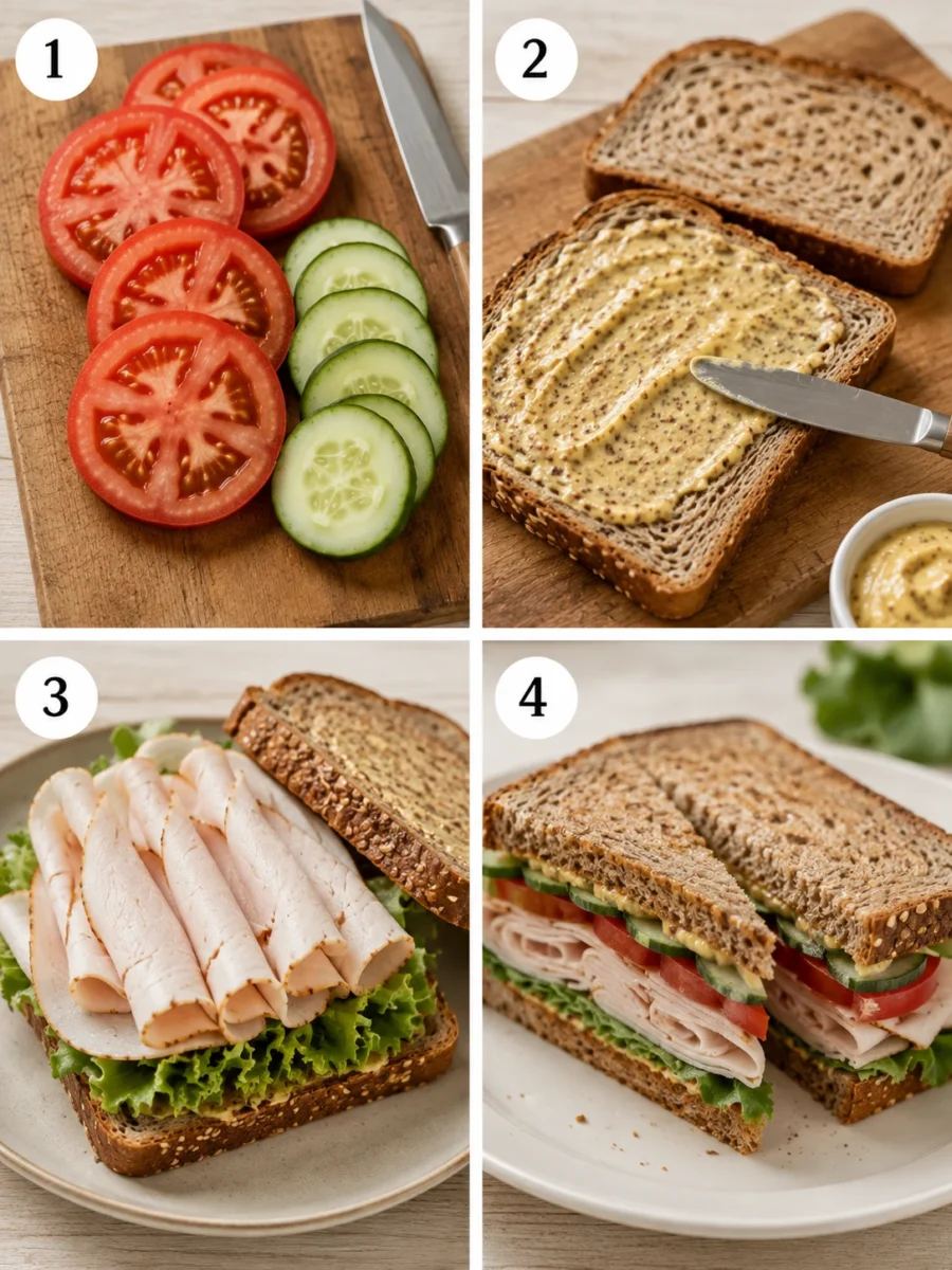 A 4-step collage showing the process of making a turkey sandwich: slicing vegetables, spreading mustard, layering turkey, and slicing the sandwich.