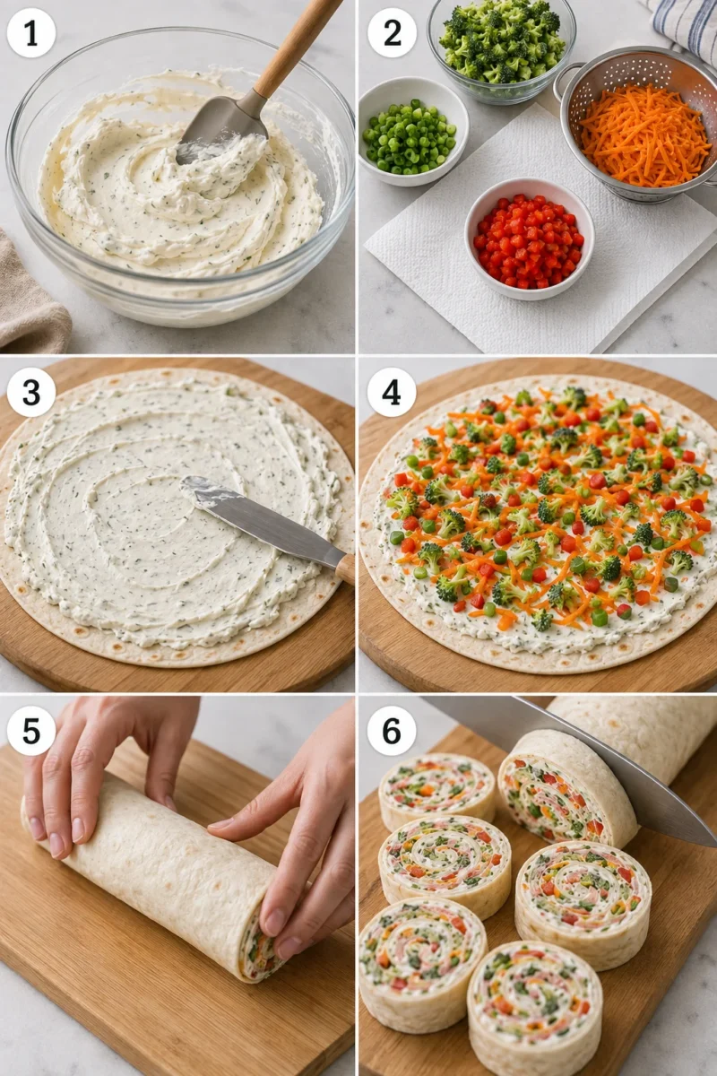 A 6-step collage showing the process of making veggie pinwheels from mixing ingredients to slicing the final rolls.